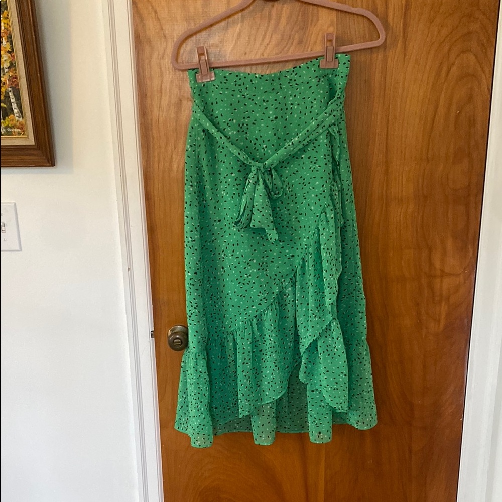 Ann Taylor Green Wrap Midi Skirt with Ruffled Tie Front